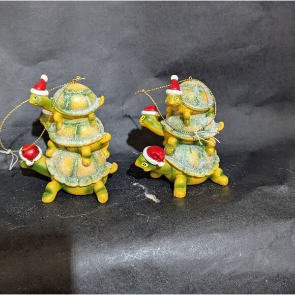 Glittery stacked Turtle Christmas Ornaments With Santa Hats - Set Of 2 - Picture 8 of 9